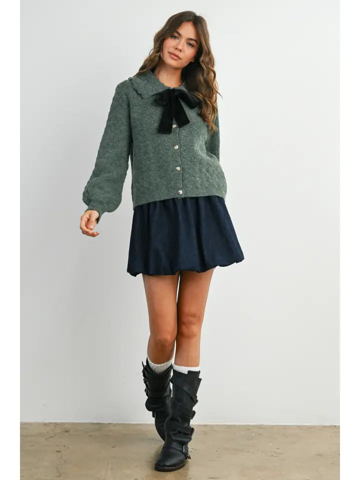 Button-Up Bow Front Collared Long Sleeve Top