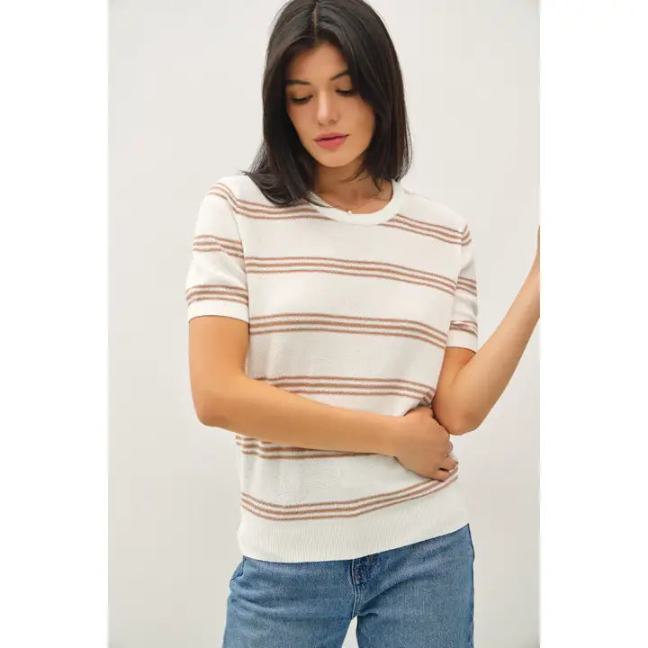 Triple Striped Short Sleeve Sweater