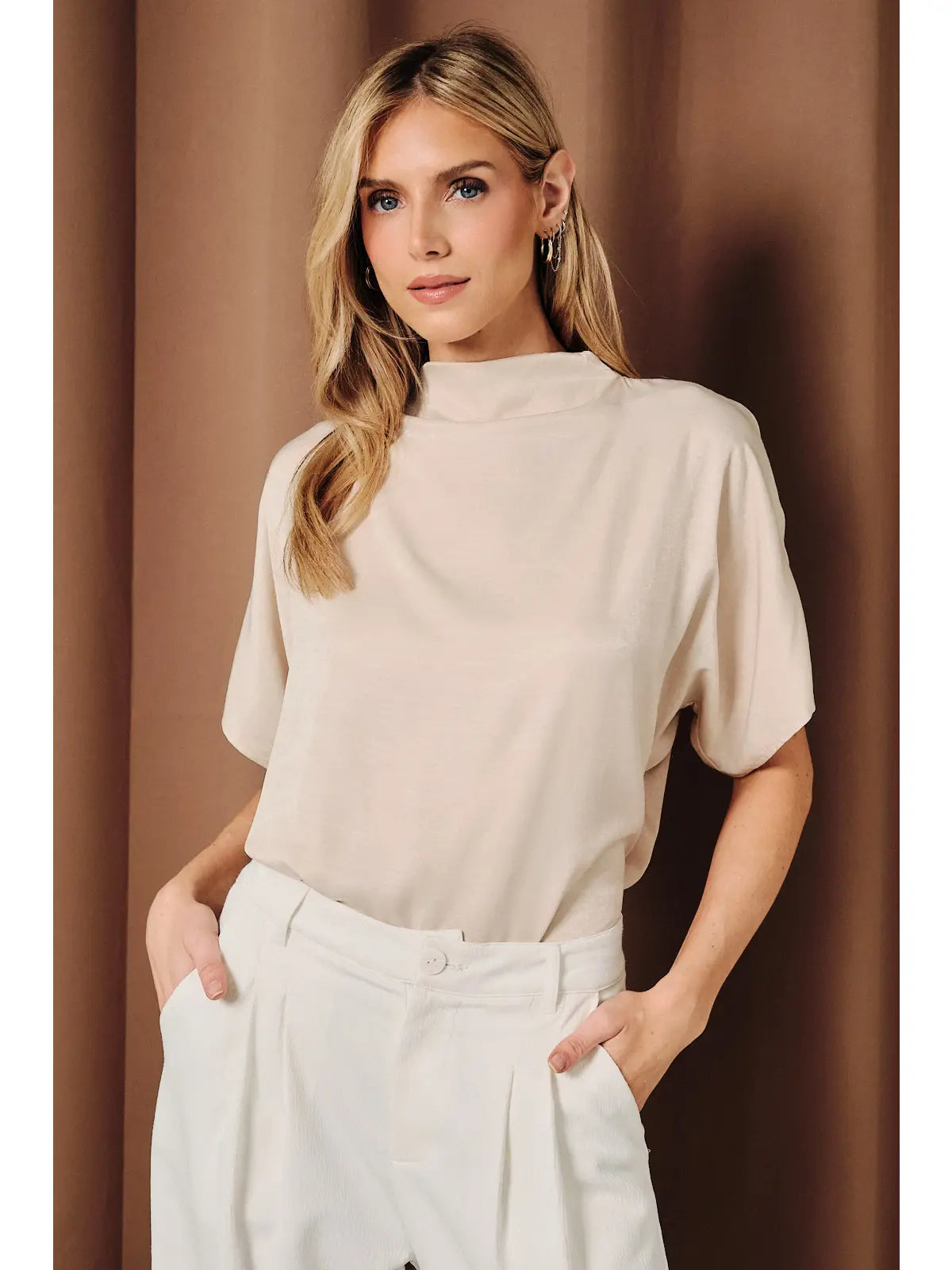 Mock Neck Dolman Short Sleeve Elegant Satin Blouse