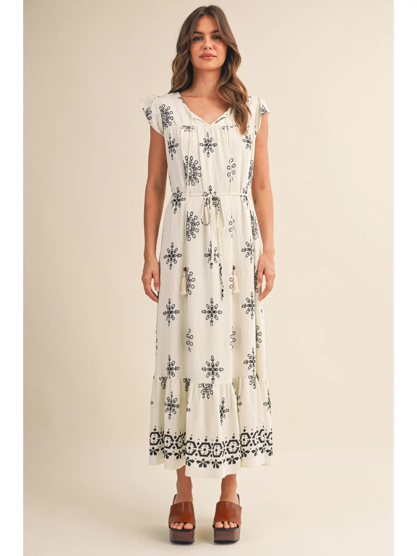 Belted Border Print Flutter Sleeve Midi Dress
