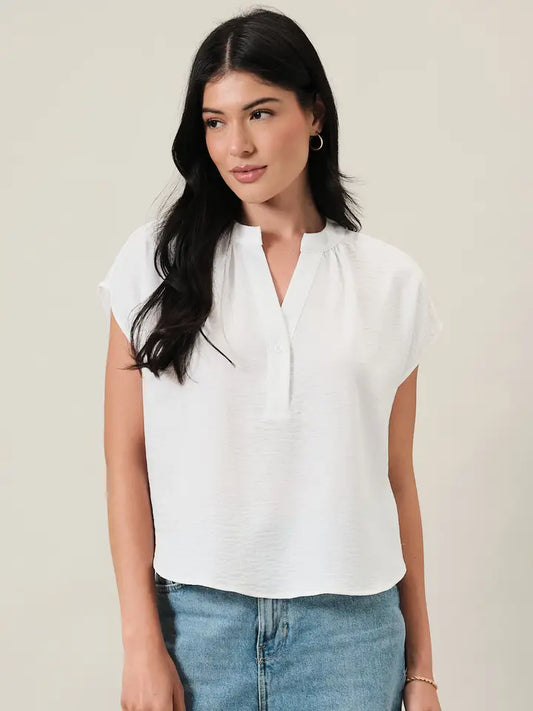 Henley Neck Short Cap Sleeve Blouse Top