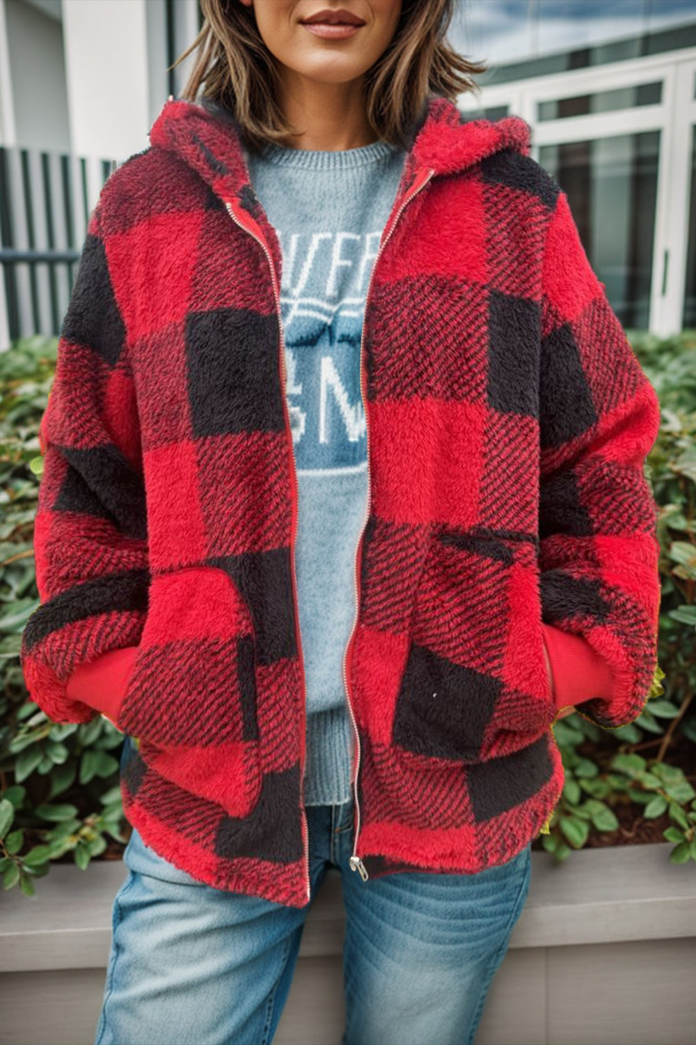 Pre-Order Double Take Full Size Plaid Long Sleeve Hooded Coat