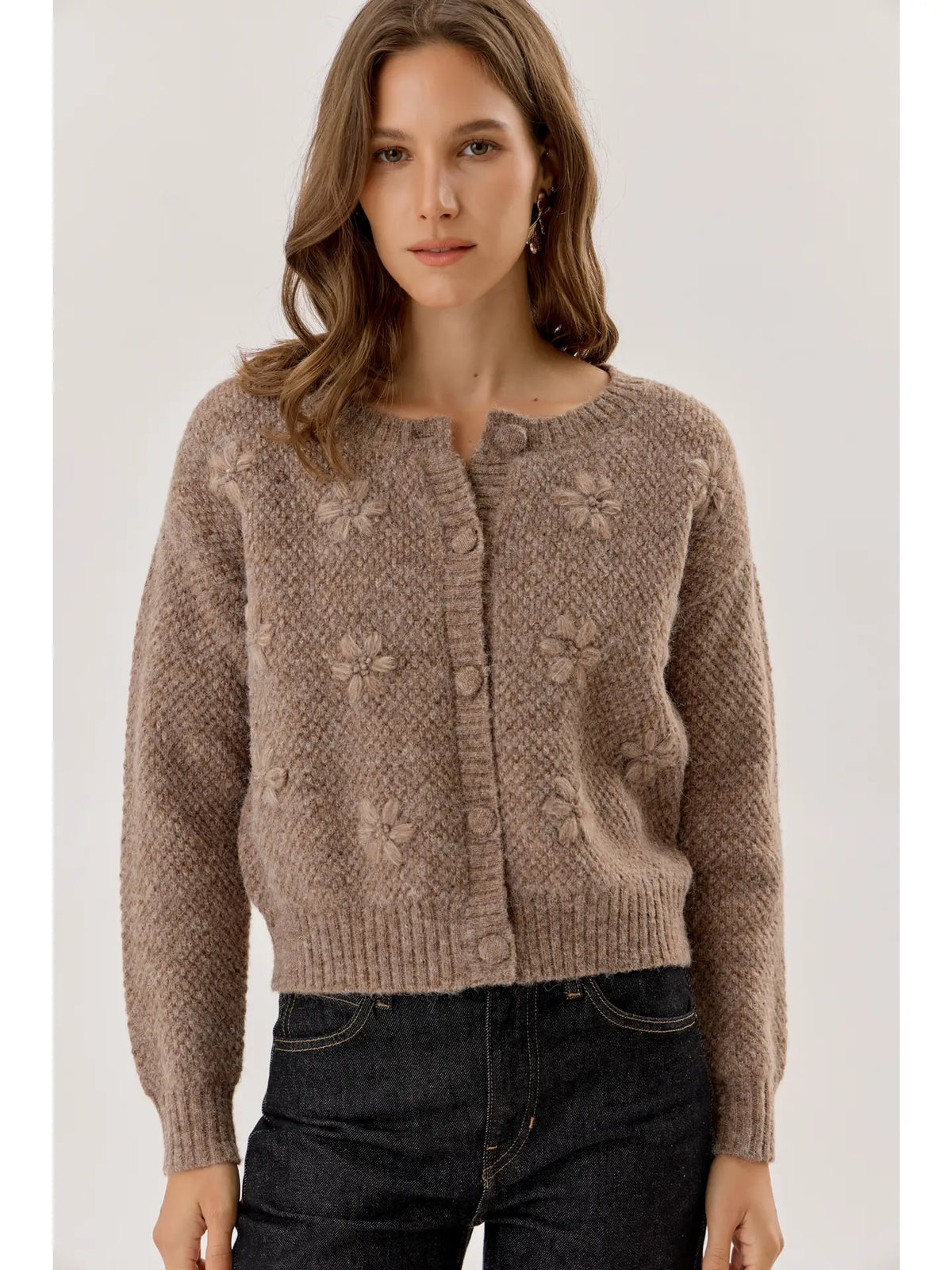 3D  Flower Crewneck Textured Cardigan