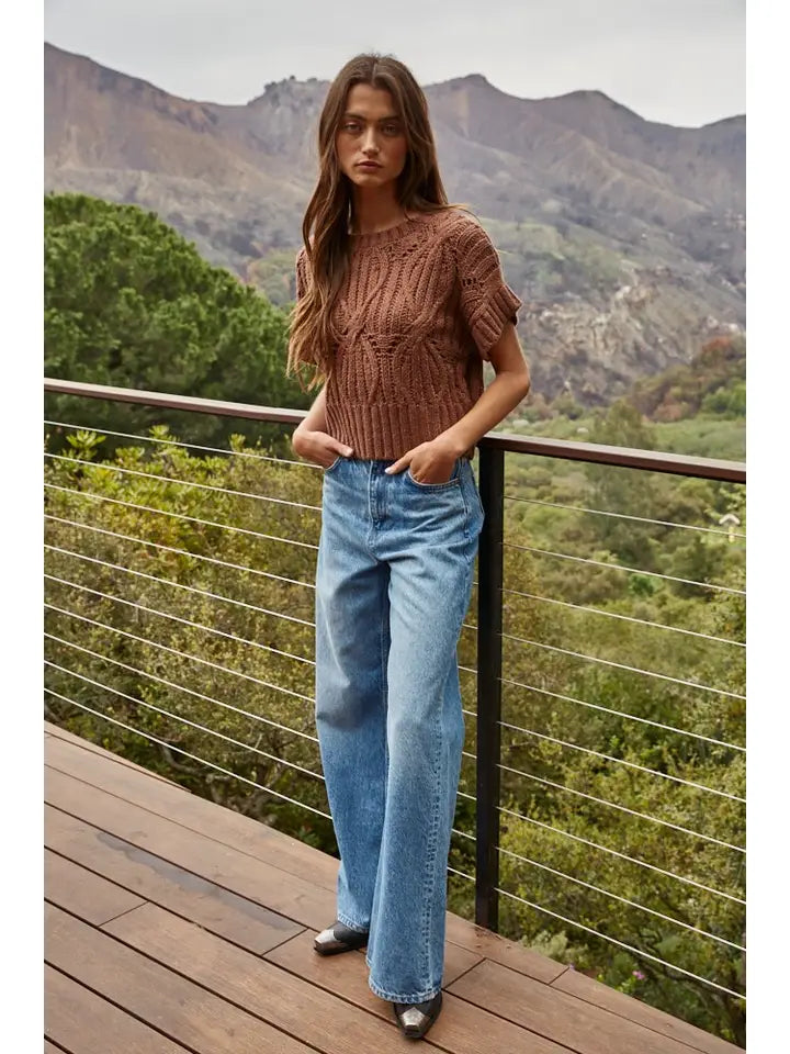 Knit Sweater Crochet Round Neck Short Sleeve Top
