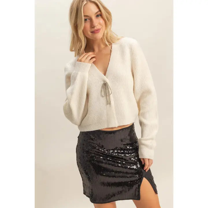 Sparkly Bow Embellished Cozy Cardigan