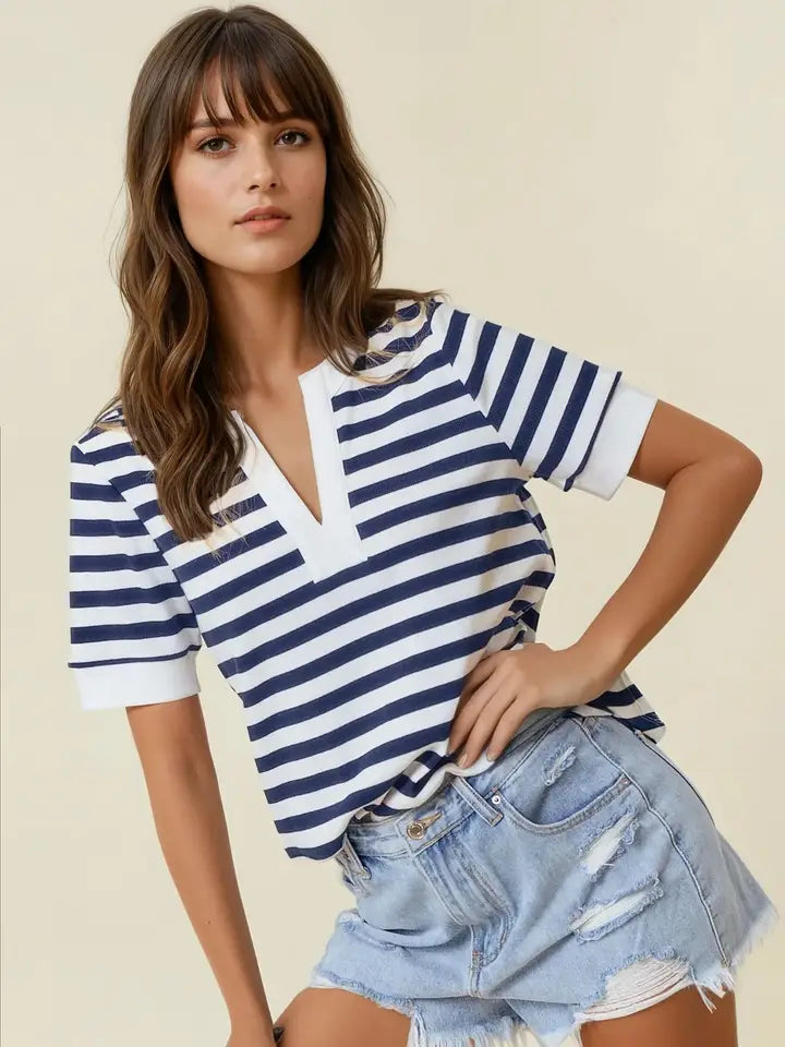 Striped V-Neck Knit Top