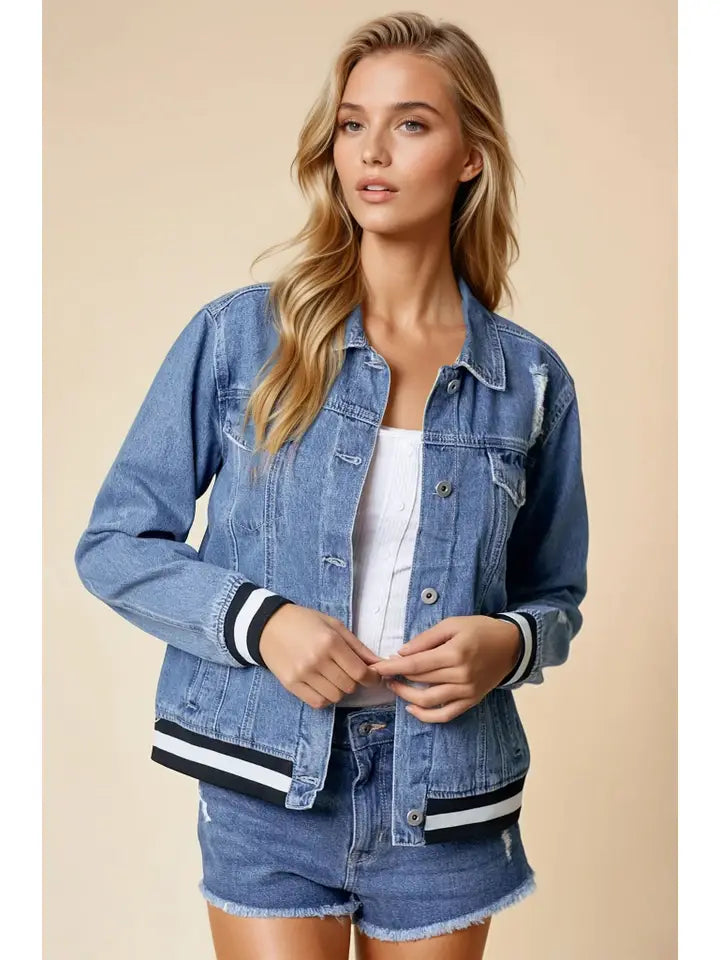Washing Denim Jacket with Contrast Band