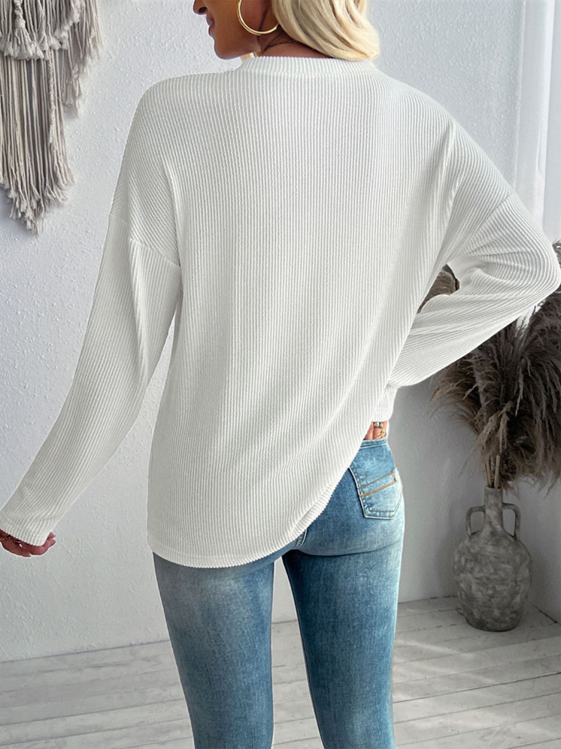 Pre Order Double Take Pocketed Textured V-Neck Long Sleeve T-Shirt