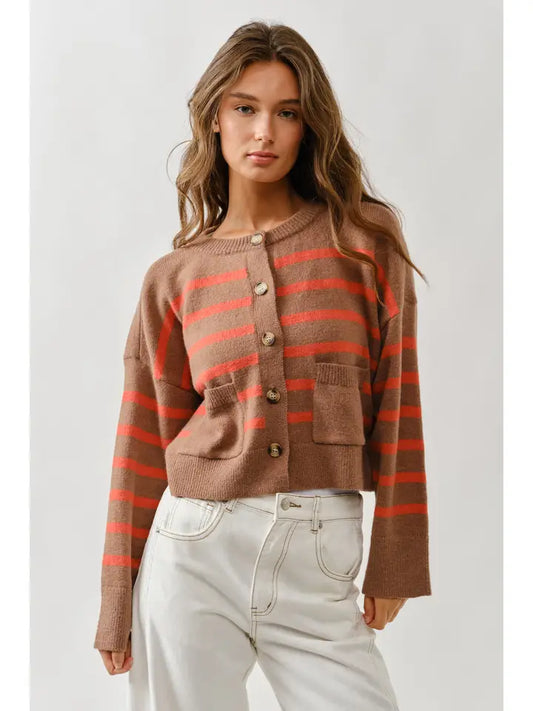 Striped Crew Neck Buttondown Cardigan