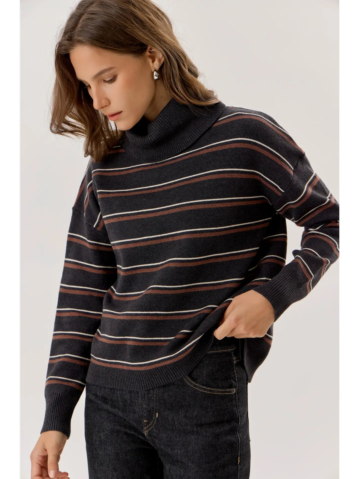 Preppy Striped Turtleneck Boxy Sweater