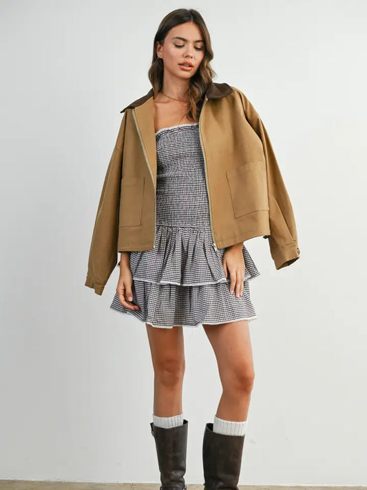 Collared Zip-Up Drawstring Jacket
