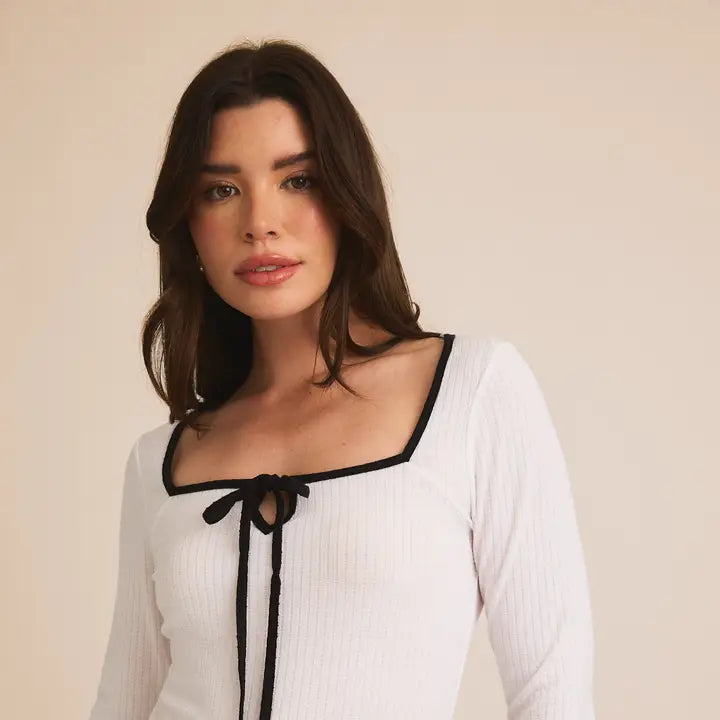 Square Neck Long Sleeve Front Tie Top