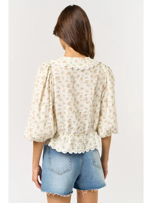 Puff Sleeve Lace Trim Floral Blouse