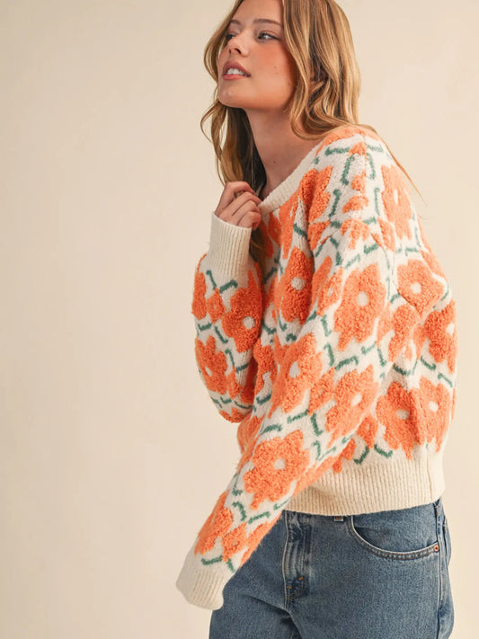 Fuzzy Texture Floral Sweater