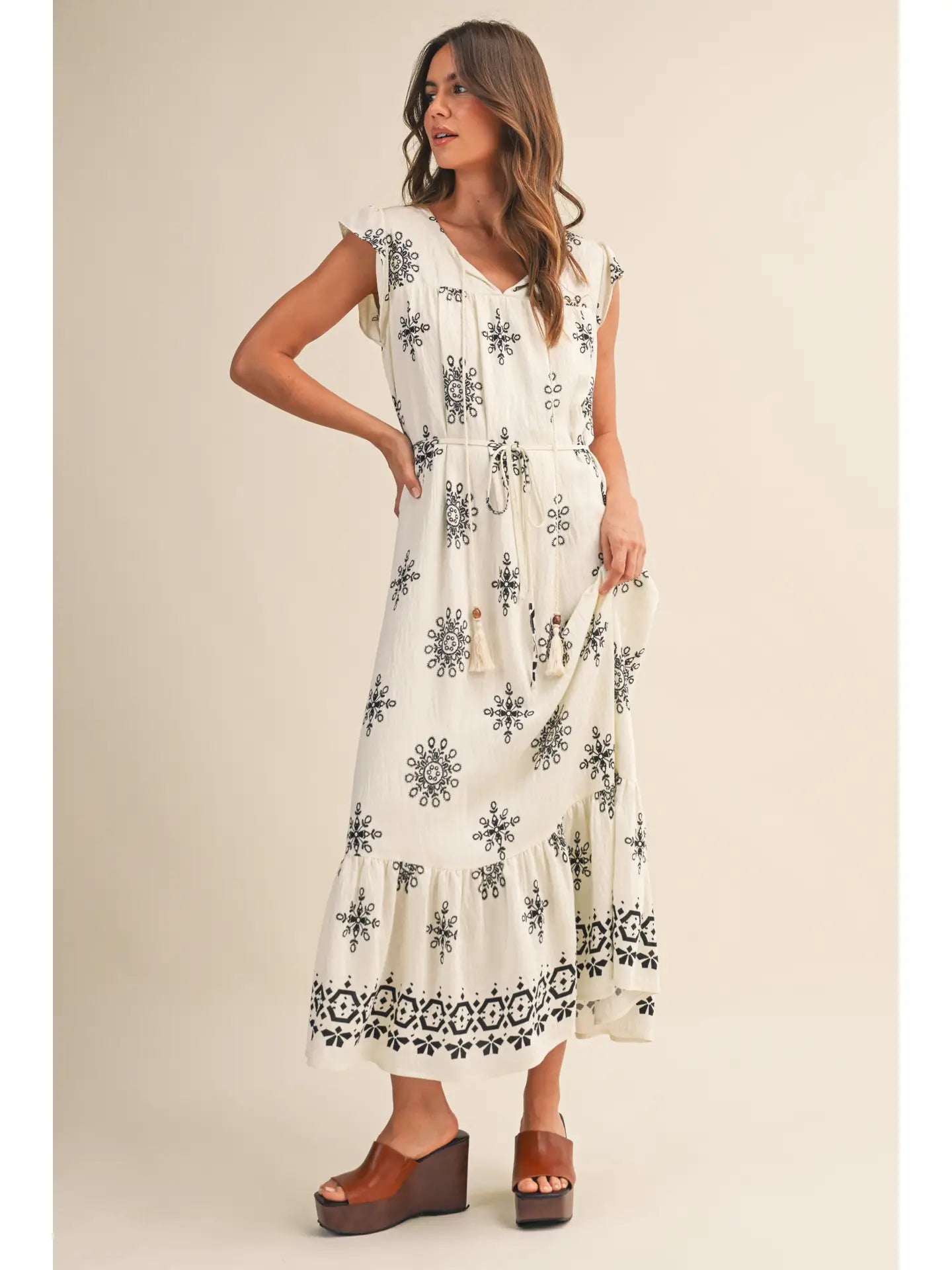Belted Border Print Flutter Sleeve Midi Dress