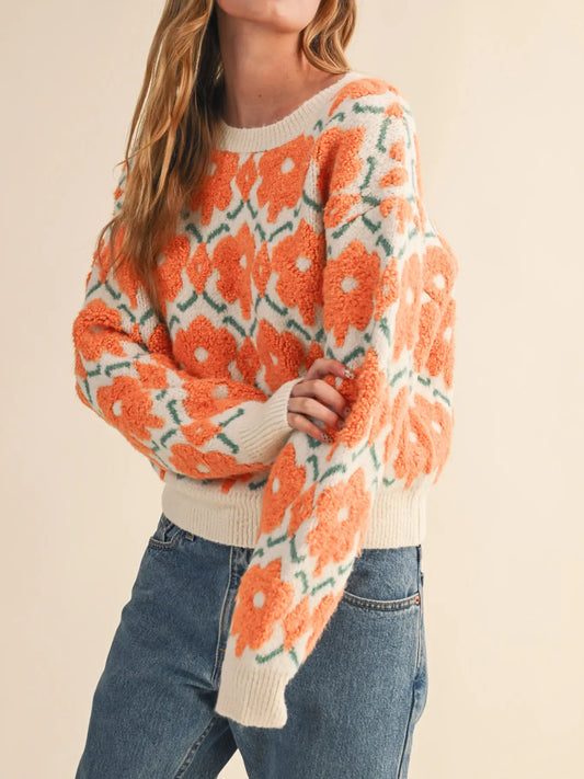 Fuzzy Texture Floral Sweater