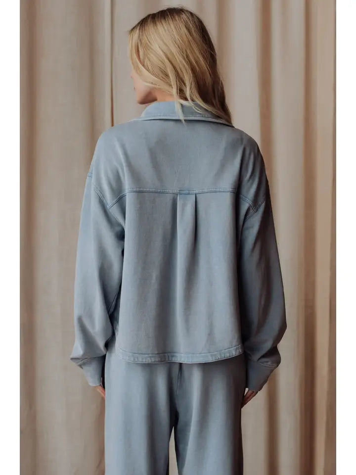 Lt. Blue Cropped Washed Soft Button Up