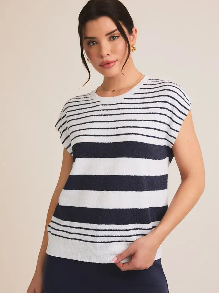Crew Neck Wide Shoulder Stripe Knit Top
