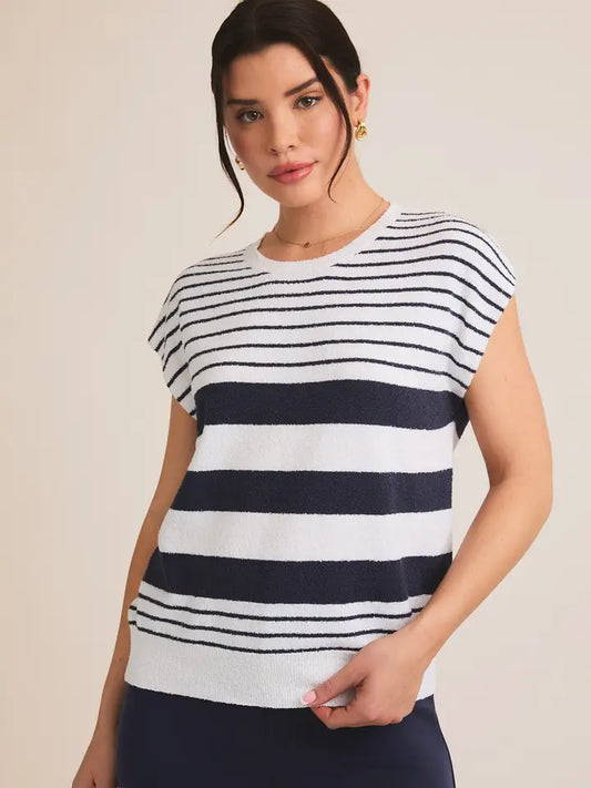 Crew Neck Wide Shoulder Stripe Knit Top
