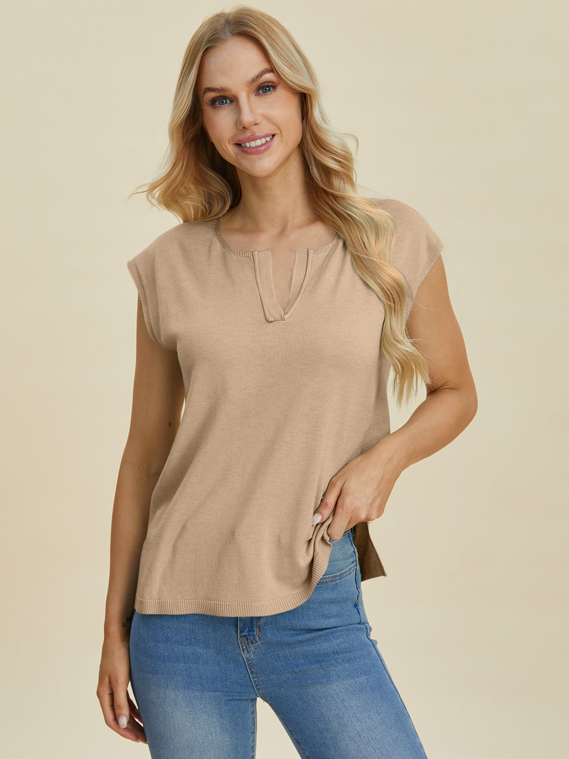 Pre-Order Double Take Full Size Notched Cap Sleeve Knit Top