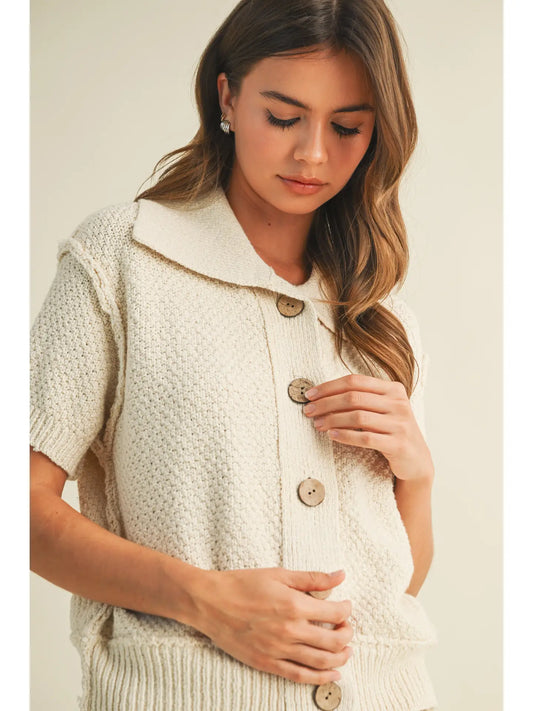 Short Sleeve Collared Sweater Knit Top