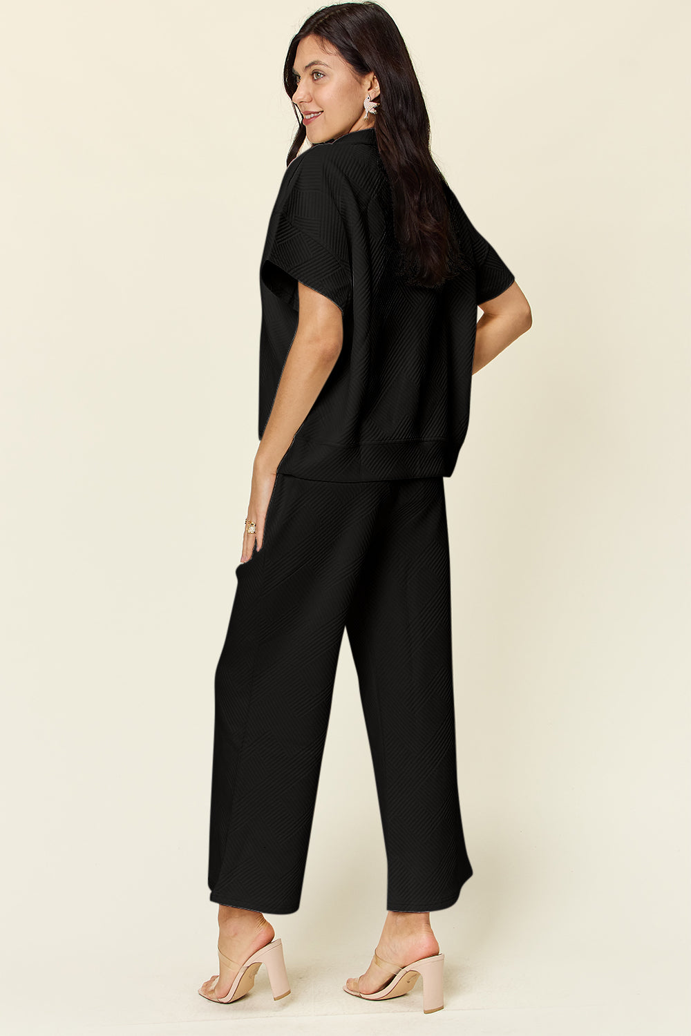 Pre-Order Double Take Full Size Texture Half Zip Short Sleeve Top and Pants Set