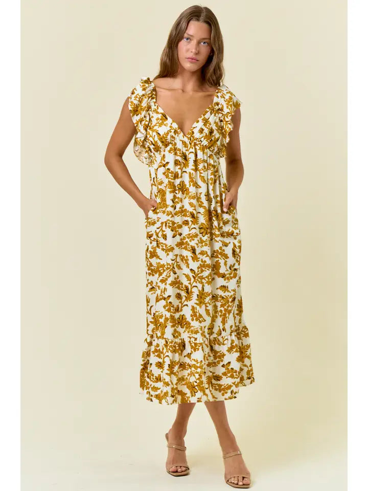 Floral Sweetheart Neckline Smocked Back Midi Dress