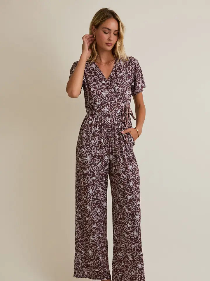 Surplice Half Sleeve Wide Leg Floral Jumpsuit