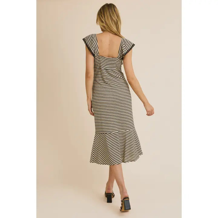 Sweetheart Front Tie with Lace Trim Stripe Dress