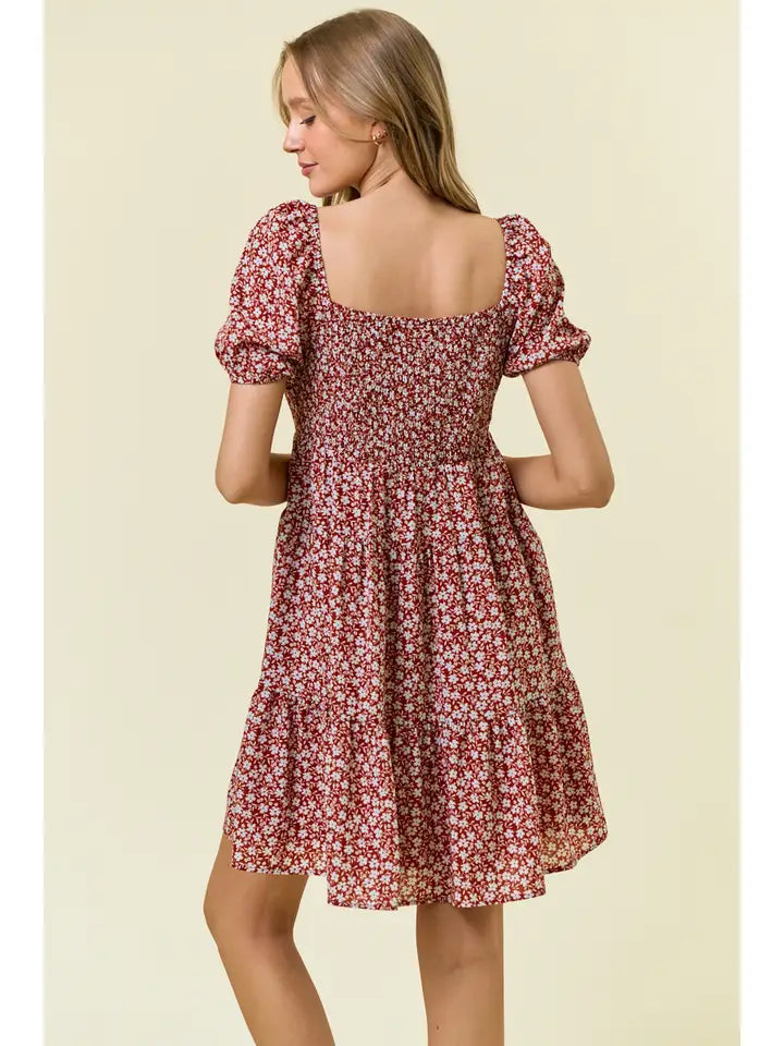 Floral Printed Tiered Mini Dress W/Side Pocket