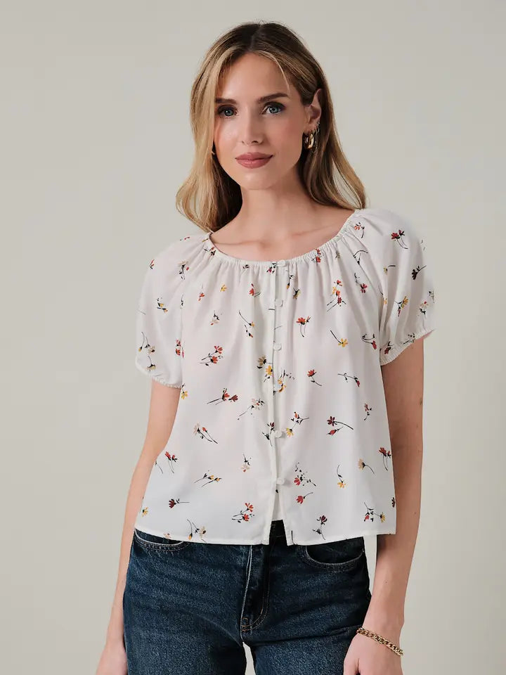 Short Sleeve Button Up Front Floral Top