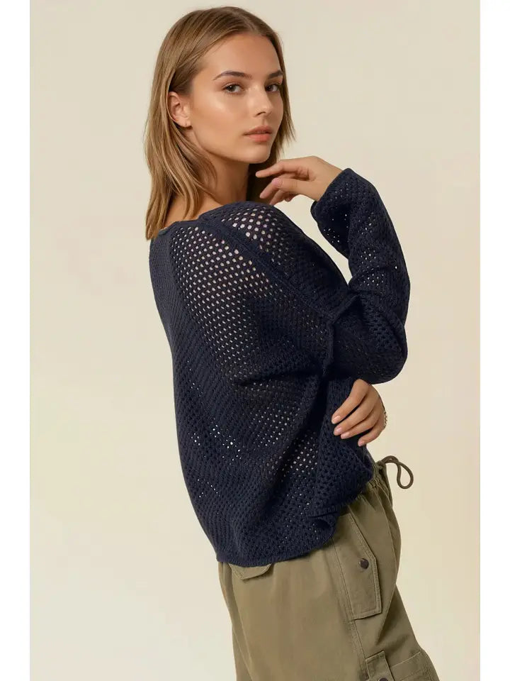 V-Neck Long Sleeve Fishnet Sweater Knit Top