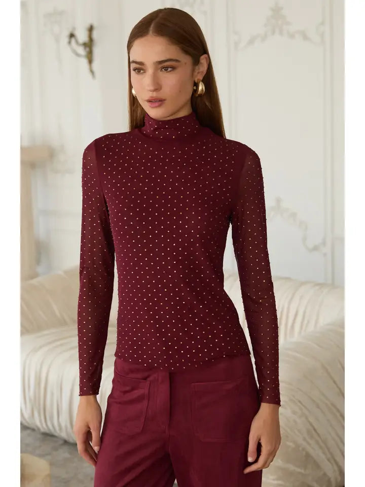 Embellished Mesh Mock Neck Top