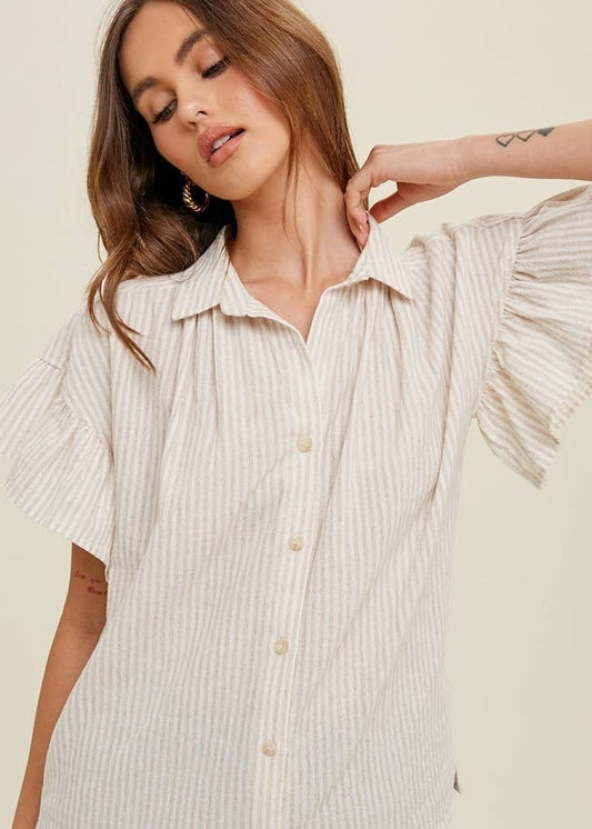 Striped Linen Button Up Blouse with Ruffle Sleeve