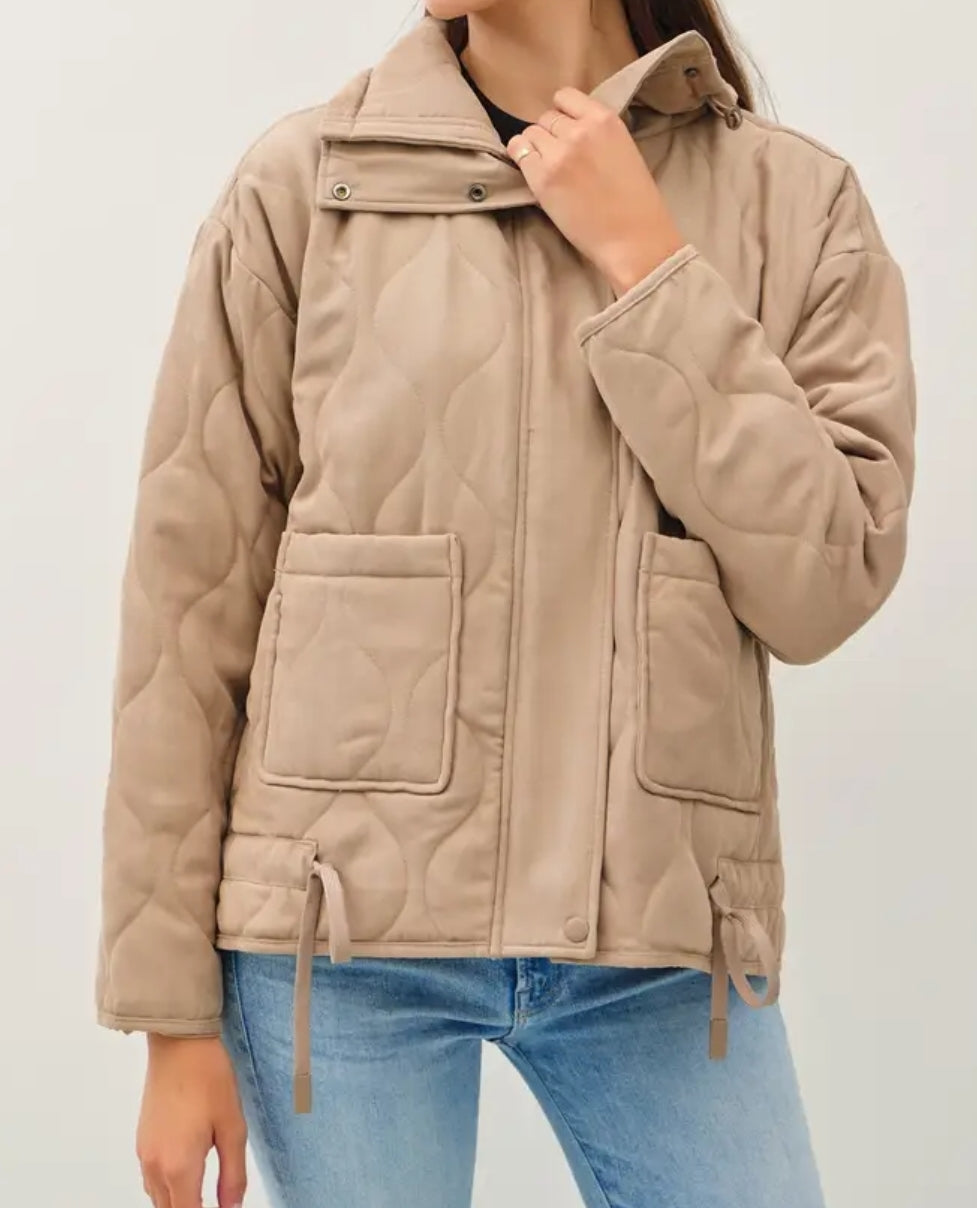 Suede-Like Funnel Neck Quilted Puffer Jacket