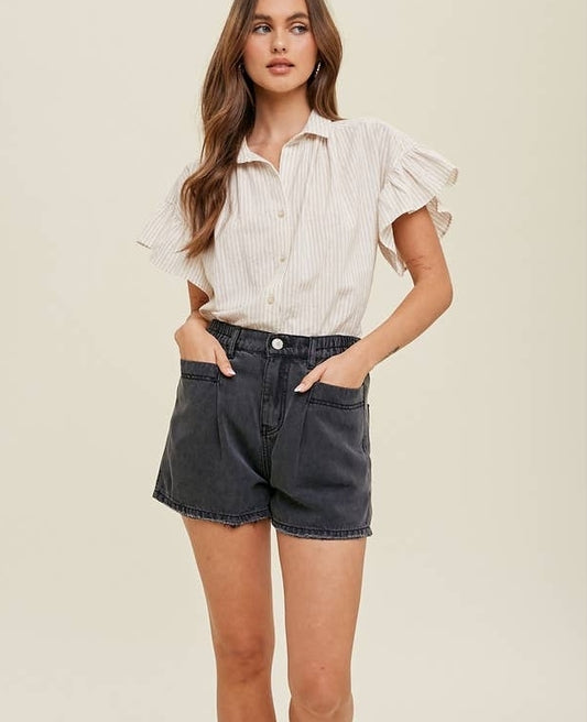 Striped Linen Button Up Blouse with Ruffle Sleeve