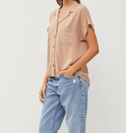 V-Neck Collared Short Sleeve Button Down Shirt