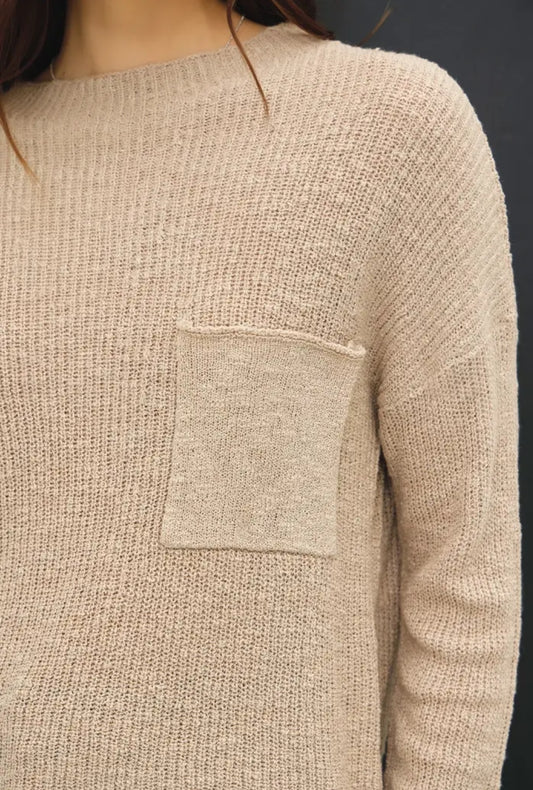 Boat Neck Chest Pocket Loose Knit Sweater