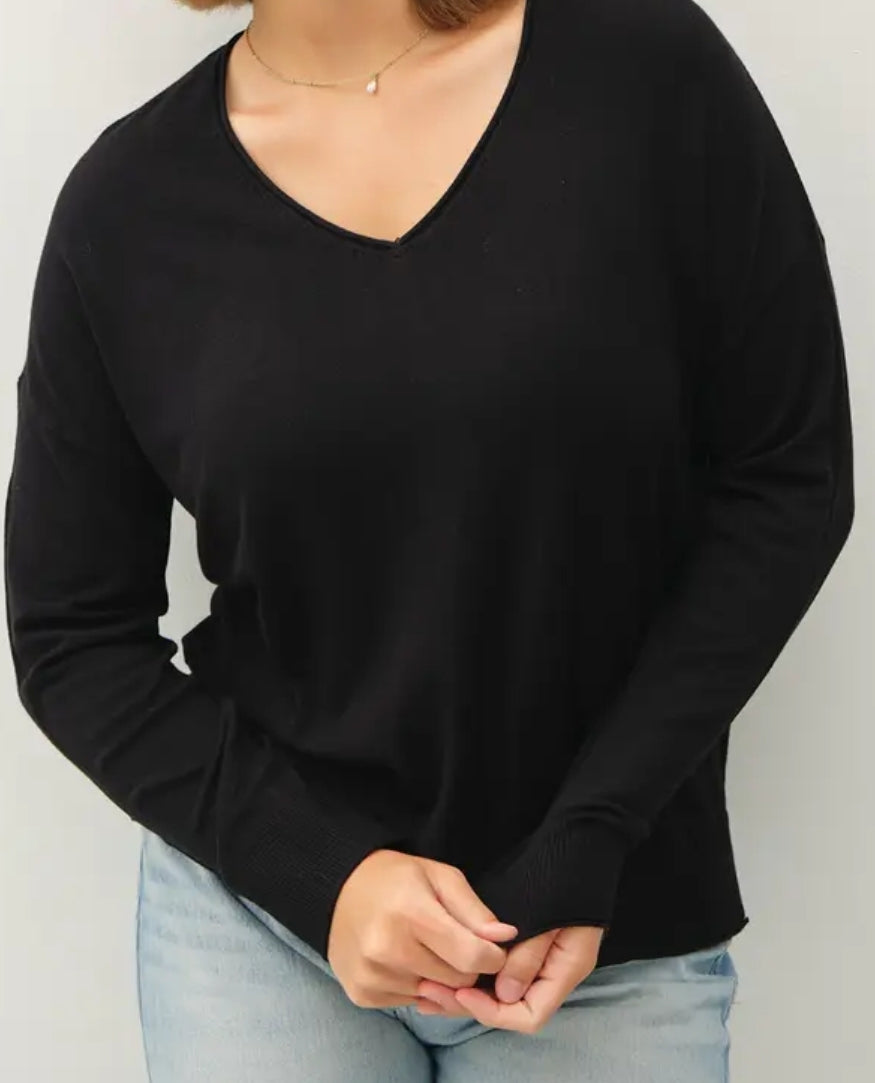 Plus V-Neck Dropped Shoulder Long Sleeve Sweater