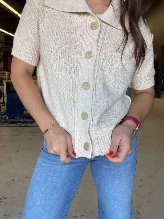 Short Sleeve Collared Sweater Knit Top