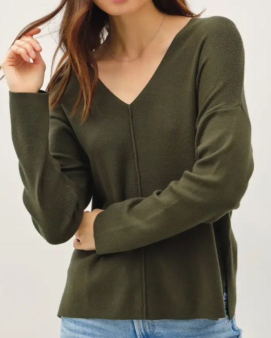 Relaxed V-Neck Sweater with Center Seam