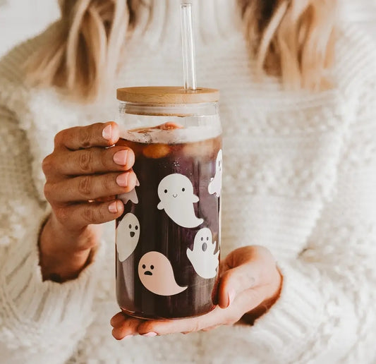Ghost Glass Cup With Straw & Lid