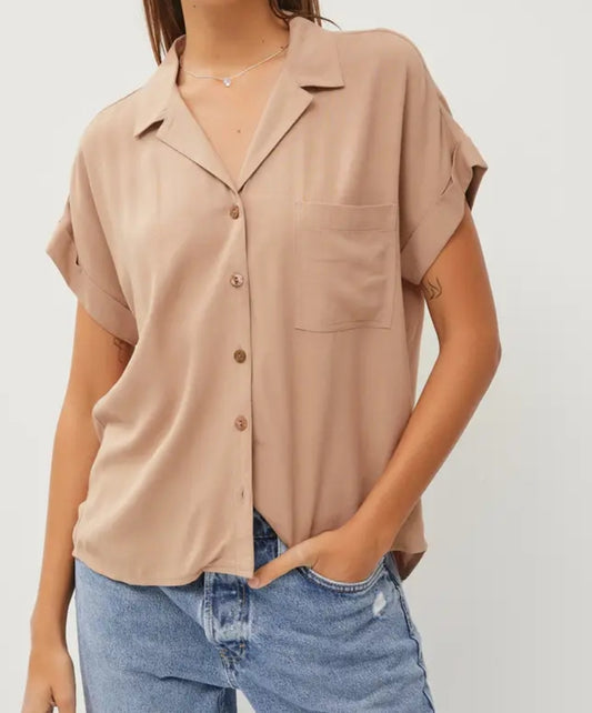 V-Neck Collared Short Sleeve Button Down Shirt