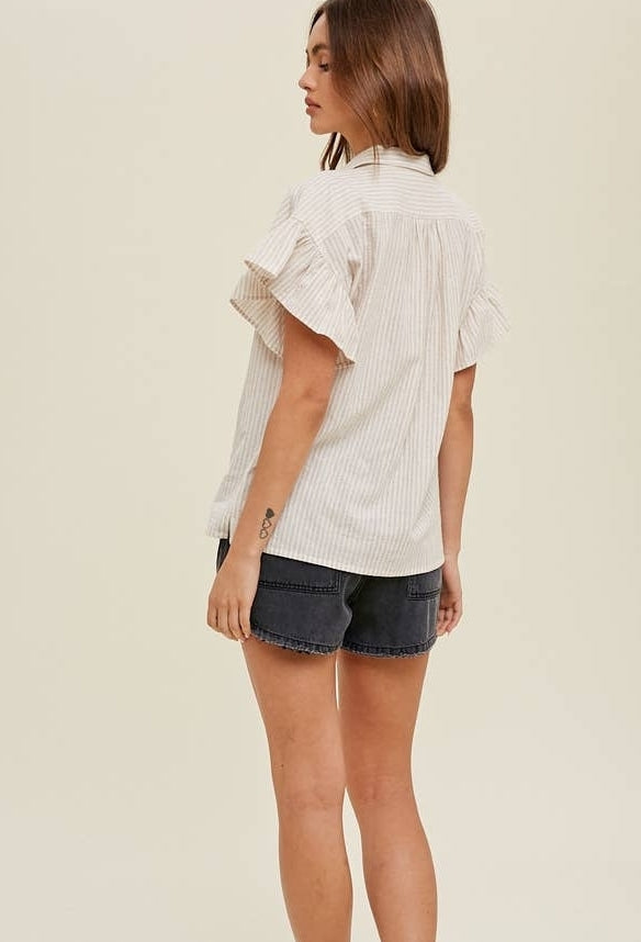Striped Linen Button Up Blouse with Ruffle Sleeve