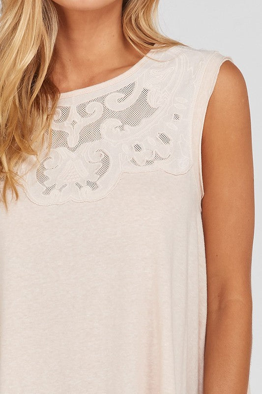 Sleeveless Lace Neckline  A Line Top!