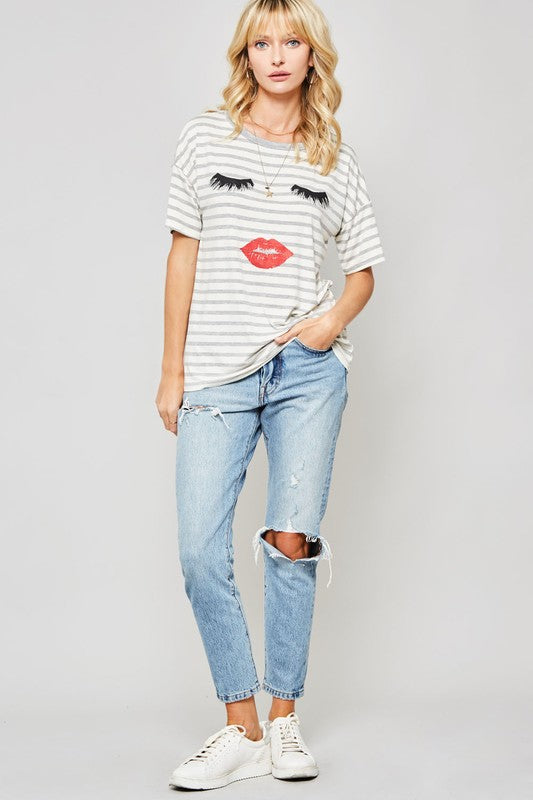 Eyes and Lips Striped Short Sleeve Graphic Top