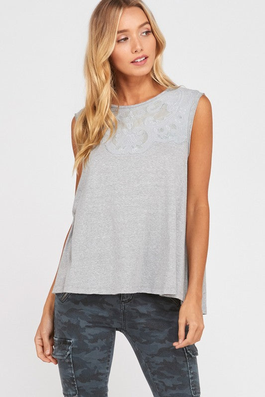 Sleeveless Lace Neckline  A Line Top!