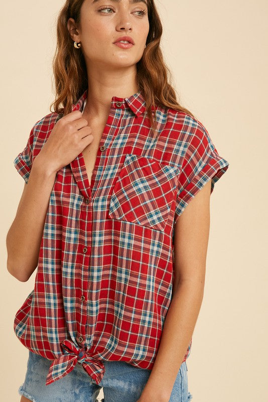 Self Tie Plaid Button Down