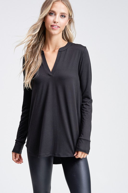 Long Sleeve Solid Knit Top With V-Neck