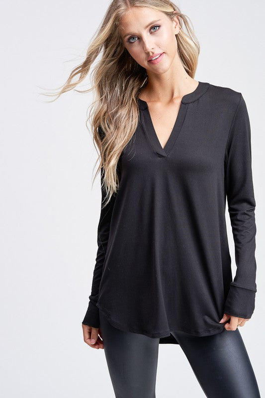 Long Sleeve Solid Knit Top With V-Neck